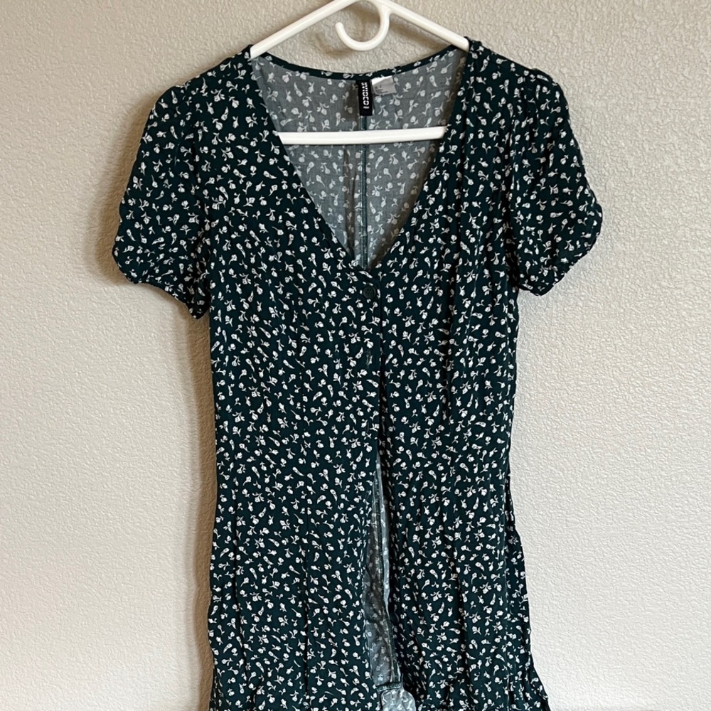 Divided Dark Green Floral Mini Dress